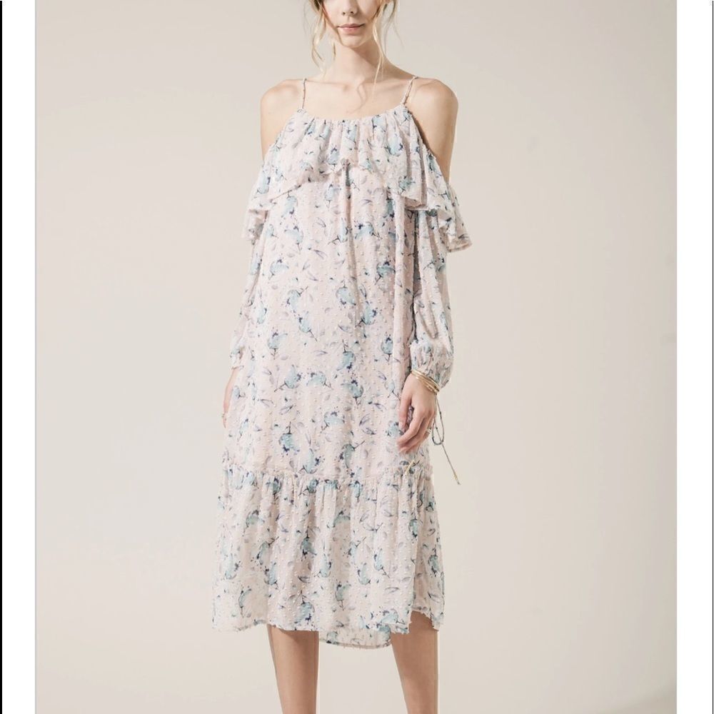 ANTHROPOLOGIE MOON RIVER Ruffle Cold Shoulder Floral Pink MIDI Dress.Size S